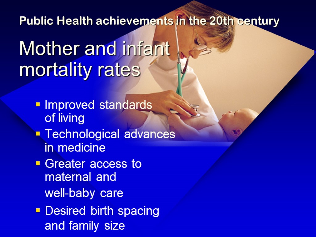 Public Health achievements in the 20th century Mother and infant mortality rates Improved standards